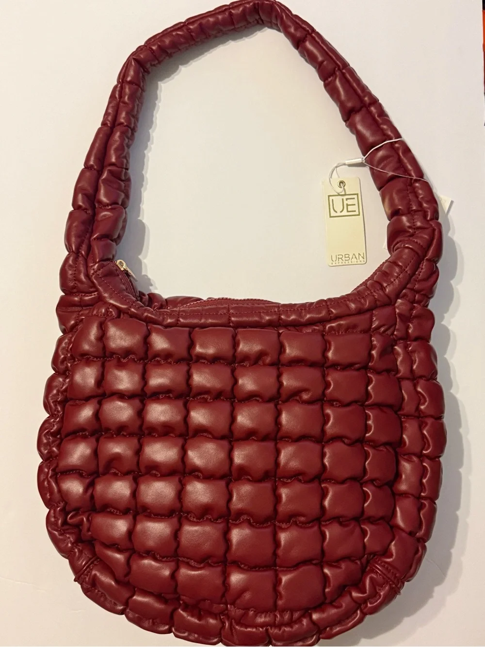 NWT Urban Expressions Quilted Puffer Hobo Bag Burgundy Oxblood Vegan Leather
